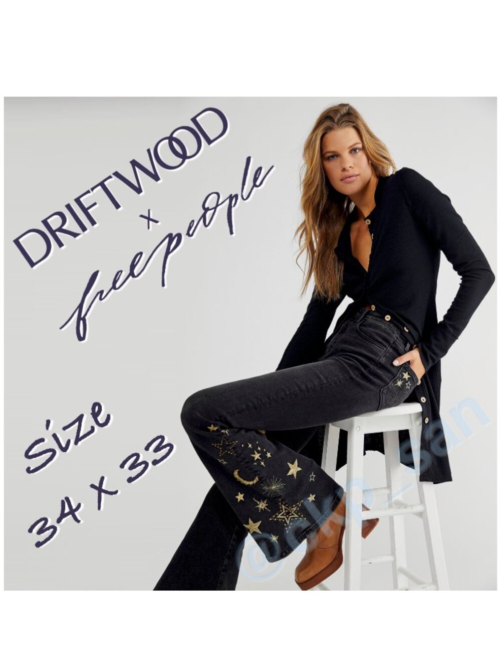 Free People x Driftwood Farrah Embroidered Flare Jeans Sz 34